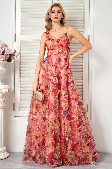 Blush Spaghetti Straps A Line Floral Evening Dress